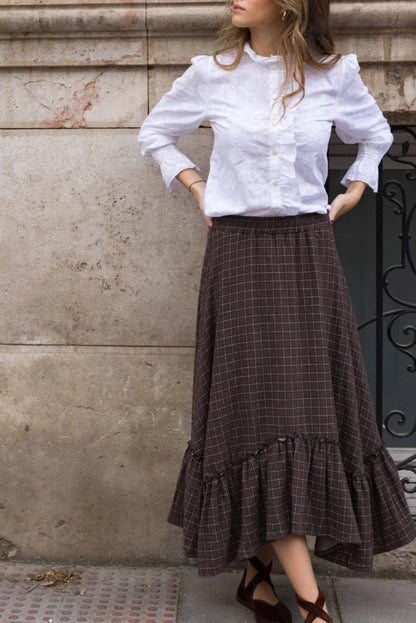COTTON CROWN. Falda evasé tartán marrón