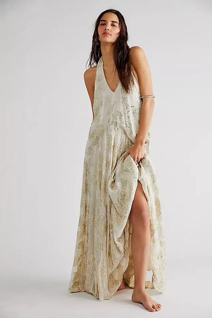 FREE PEOPLE. Vestido largo vaporoso hilos dorados