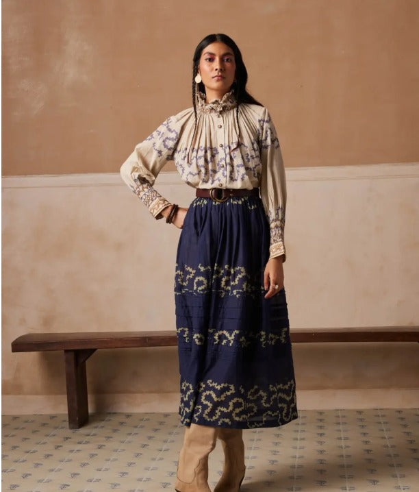 CORD. Falda larga azul estampada