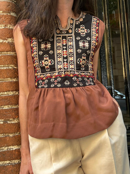 ISABEL MARANT. top marrón seda bordado seda T.36