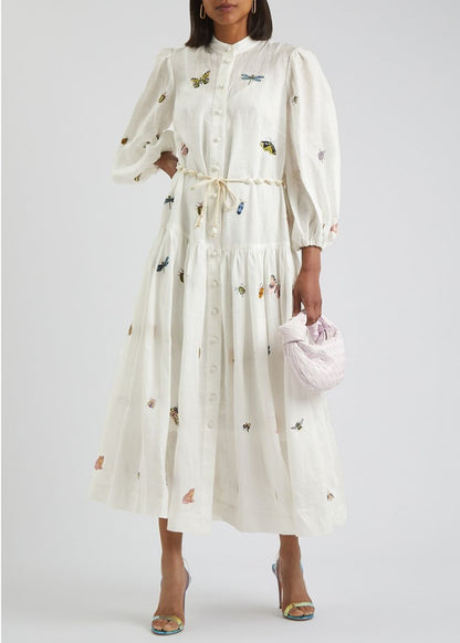 ZIMMERMANN. Vestido camisero de lino bordados insectos