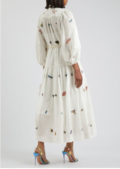 ZIMMERMANN. Vestido camisero de lino bordados insectos
