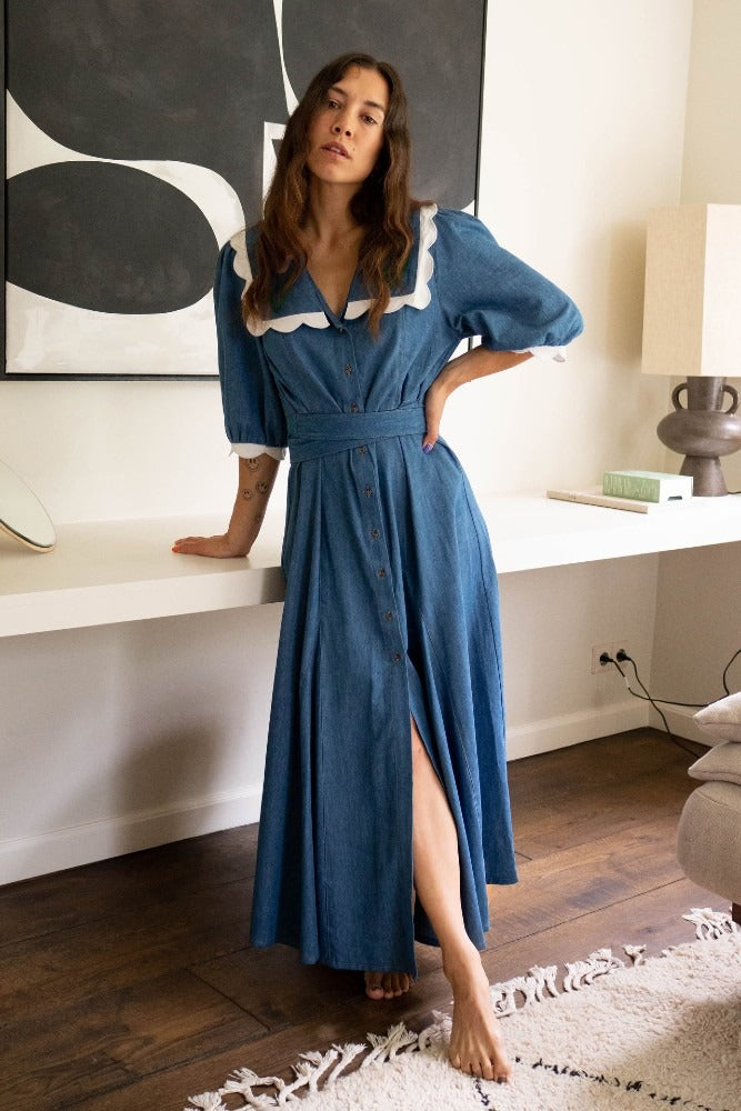 RIXO. Vestido largo denim fluido bordados