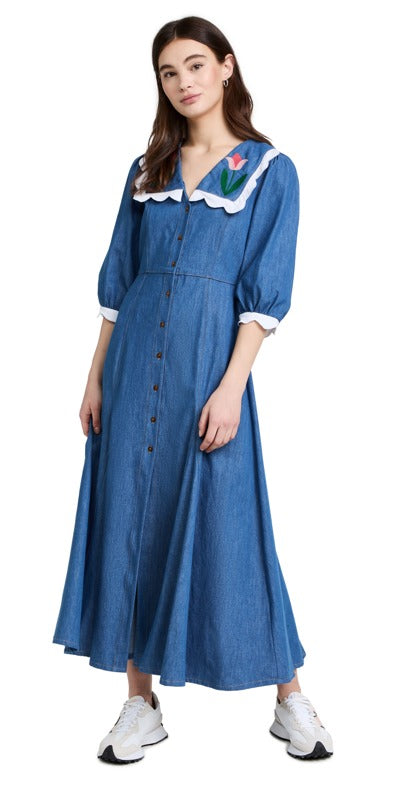 RIXO. Vestido largo denim fluido bordados