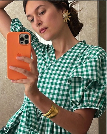 SABINA SOMMER. Vestido largo cruzado vichy verde