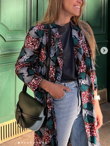 YELLOW & STONE. Chaqueta larga estampada botones