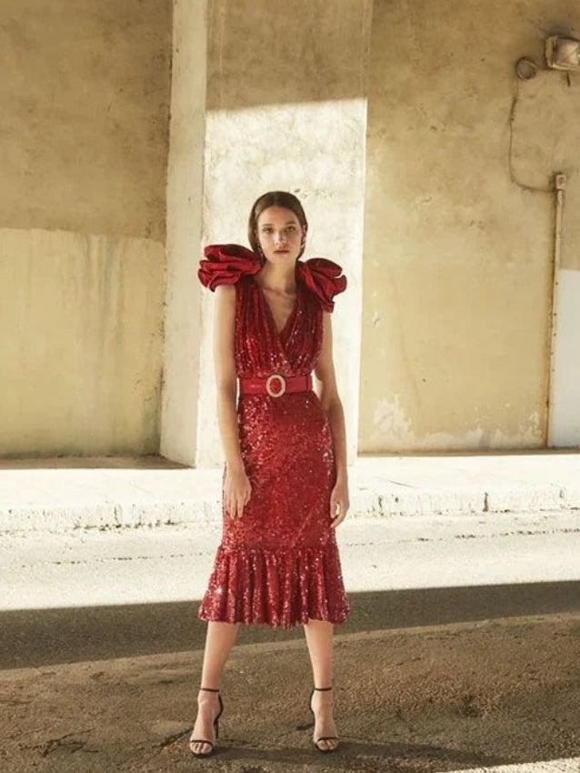 REDONDO BRAND. Vestido midi lentejuelas maxi flor