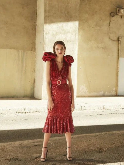 REDONDO BRAND. Vestido midi lentejuelas maxi flor