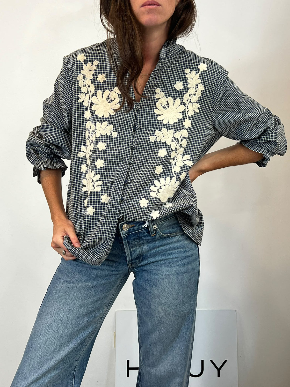 POLIN ET MOI. Blusa cuadros bordada