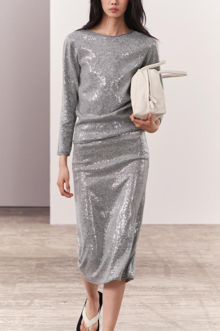 ZARA. conjunto gris lentejuelas con lana