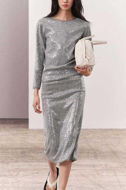 ZARA. conjunto gris lentejuelas con lana