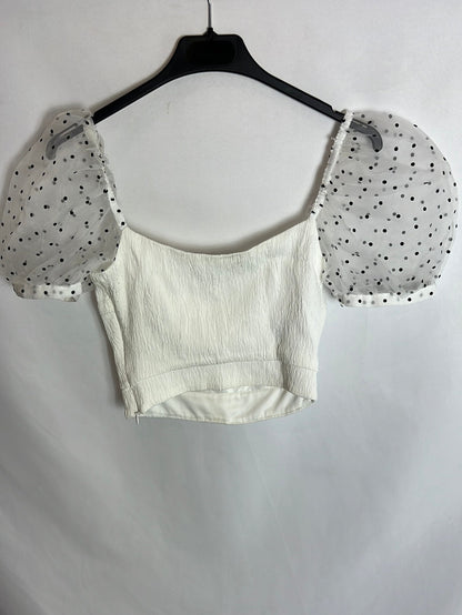 ZARA. Top blanco manga tull T.xs