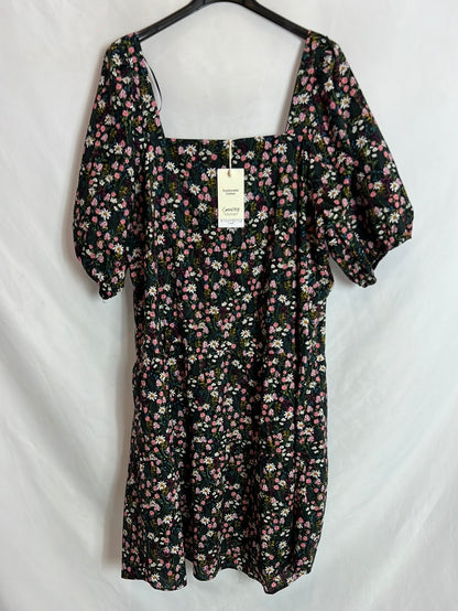 VIOLETA BY MANGO. Vestido corto negro flores manga farol. T XL