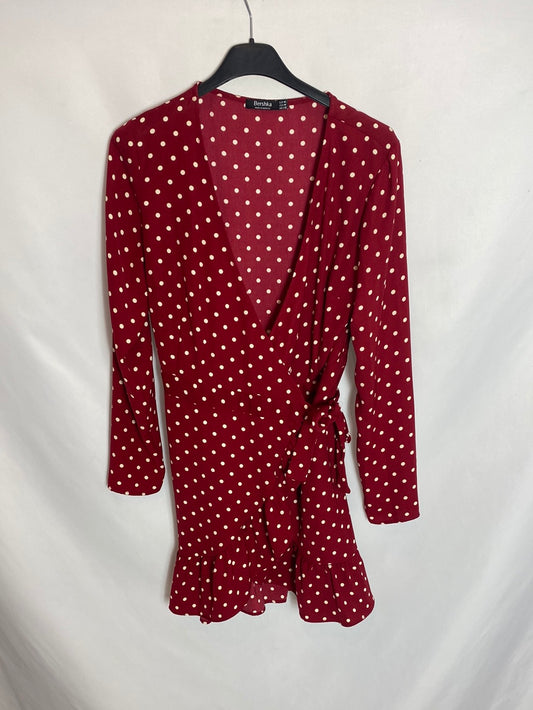 BERSHKA. Vestido corto manga larga lunares rojo cruzado. T.m
