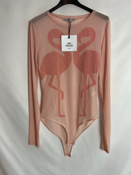 ZARA. Pink semi-sheer flamingo bodysuit. TM