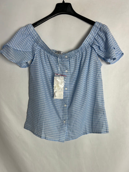SH COLLECTION. Blusa azul rayas hombros al aire. T XS