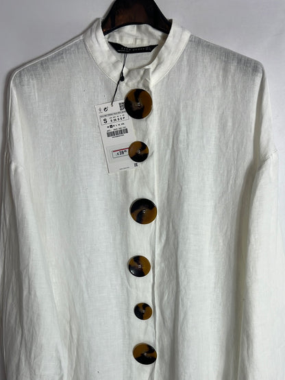 ZARA. Blusa lino blanca botones. T S