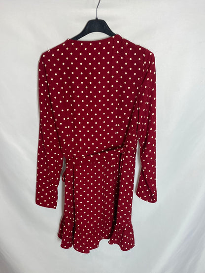 BERSHKA. Vestido corto manga larga lunares rojo cruzado. T.m