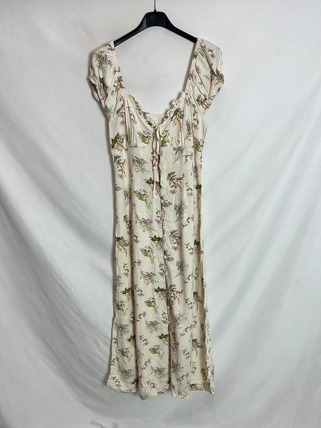OTRAS. Vestido midi efecto lino estampado. T M