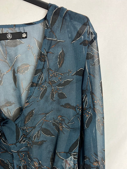 OTHERS. Blue printed bodysuit with bow neckline. TS