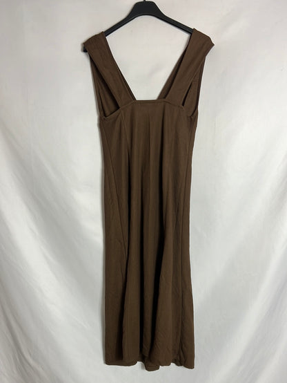 PULL&BEAR. Vestido midi marrón abotonado. T S