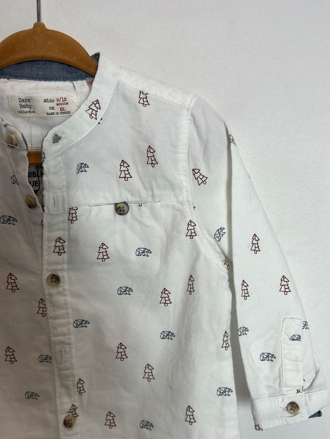 ZARA. White shirt with patterned mandarin collar, size 9-12 months