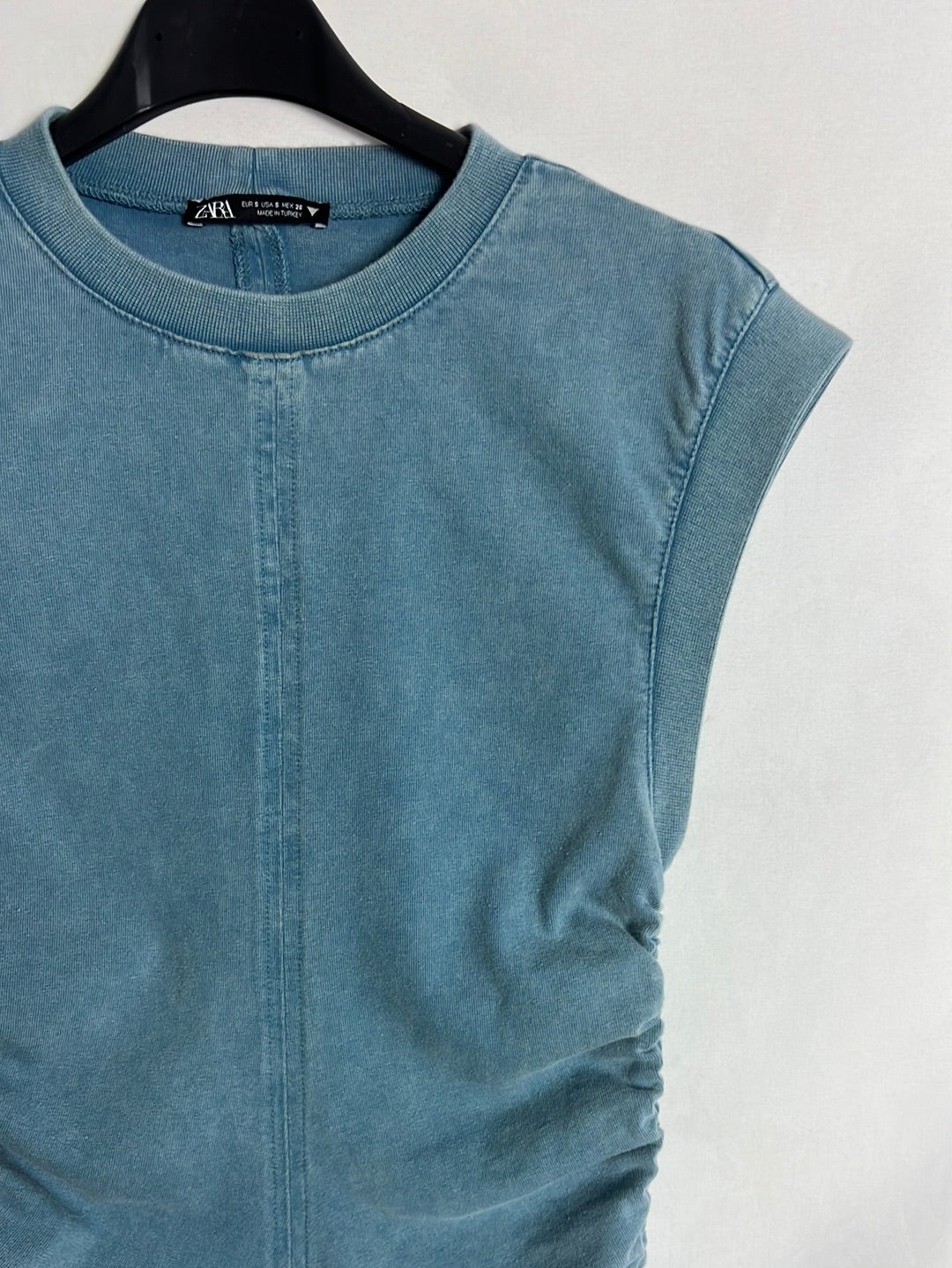 ZARA. Vestido corto azul fruncidos. T S