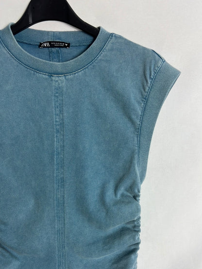 ZARA. Vestido corto azul fruncidos. T S