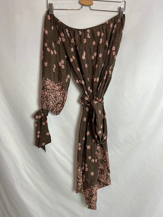 PAUL&amp;JOE. Brown printed asymmetrical silk dress. Size 38