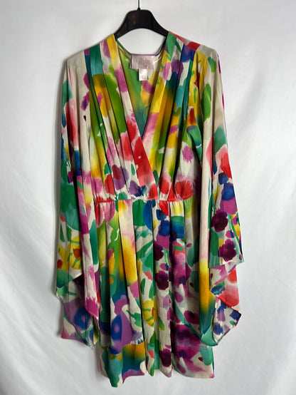 H&M. Vestido corto multicolor detalle manga. T 38