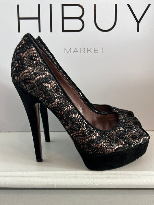MISSONI. Black lace peeptoe heels. Size 37