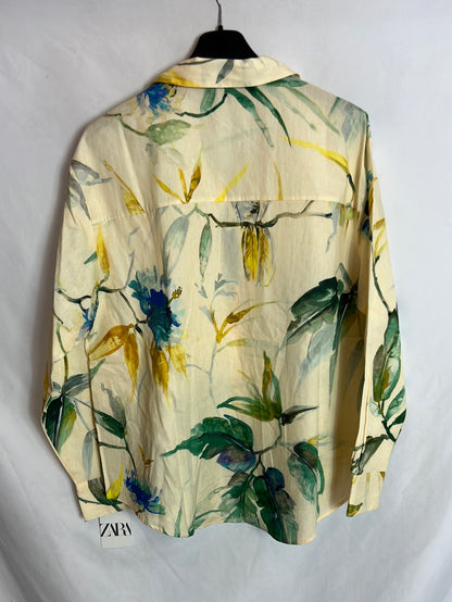 ZARA. Camisa amarilla estampada flores. T L