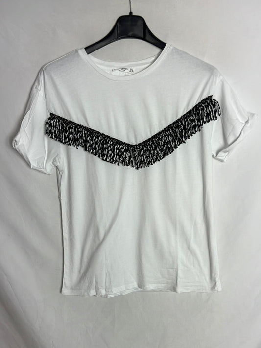 MANGO. Camiseta blanca flecos. T S