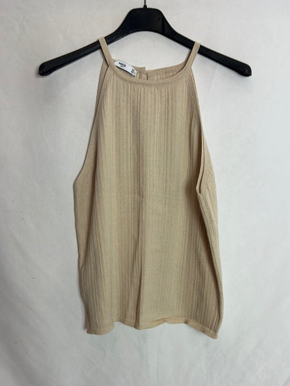 MANGO. Top textura beige cuello halter. T L