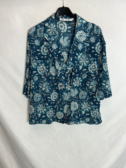 ZARA. Blue printed short-sleeved blouse TS 