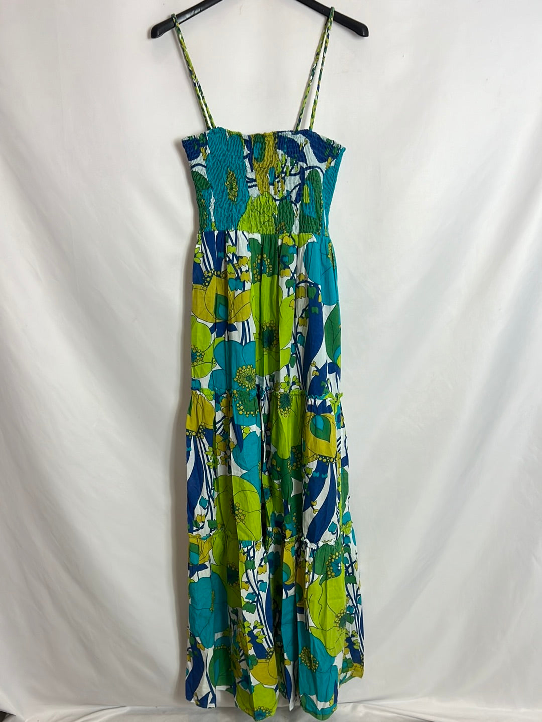 NATURAL VHIC. Long blue and green dress with gathered top. TL