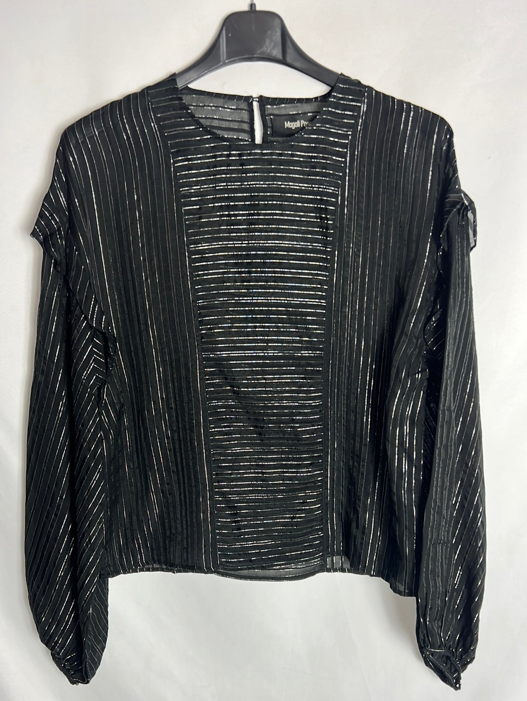 MAGALI PASCAL. Semi-sheer black blouse with silver threads. TS