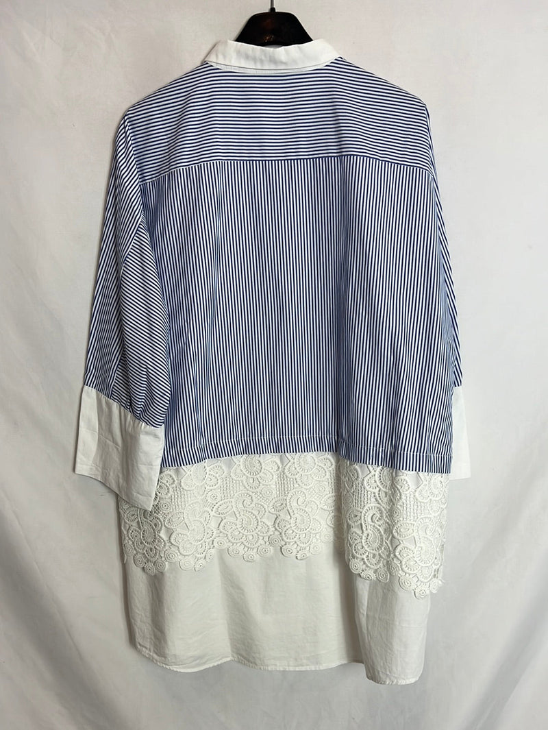ZARA. Camisa rayas larga detalles crochet. T XL