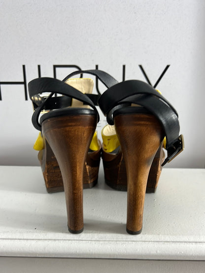 JIMMY CHOO. Sandalias plataforma tricolor texturas. T 36,5