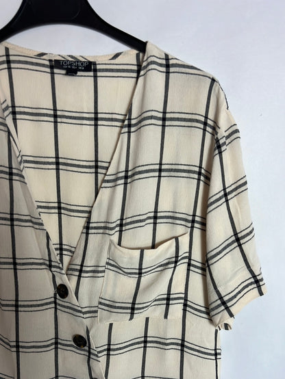 TOP SHOP. Blusa manga corta beige cuadros. T 36