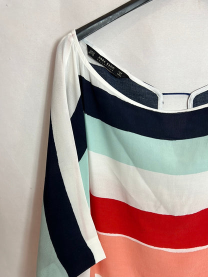 ZARA. Blusa manga corta rayas colores. T XL