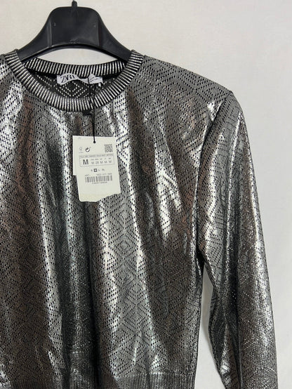 ZARA. Jersey fino calado plateados. T M