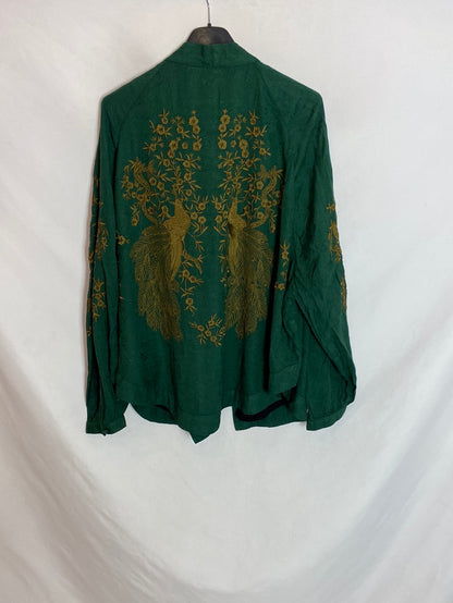 ZARA. Kimono verde bordado T.m