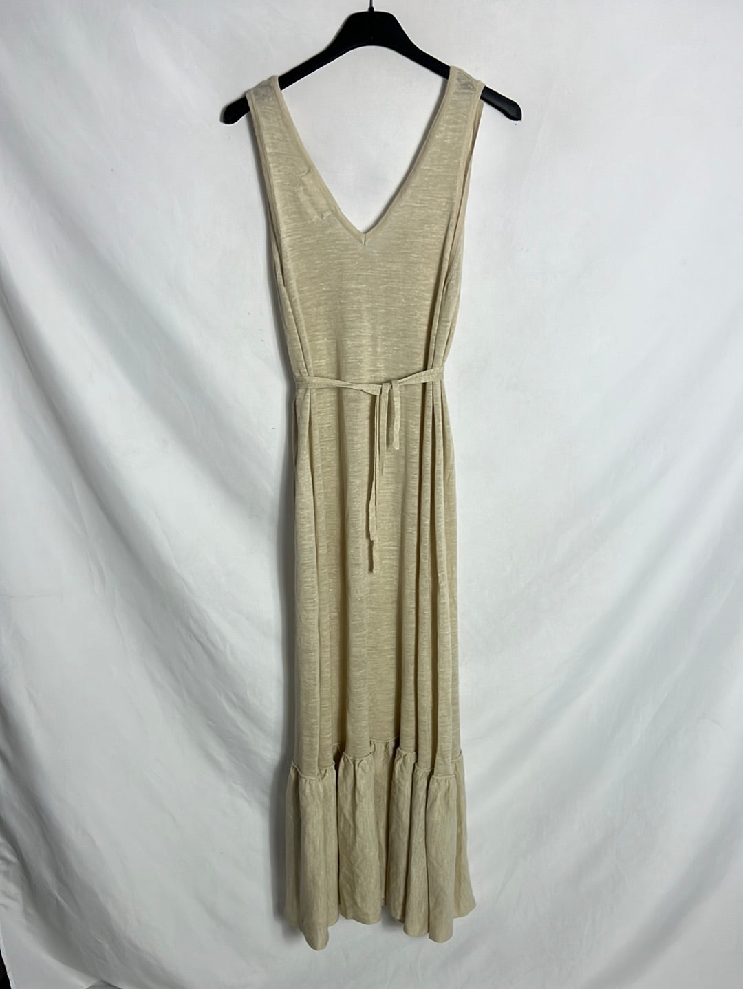MANGO. Vestido midi beige volante. T M