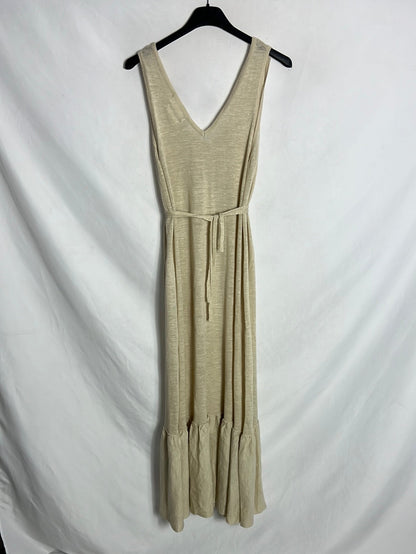 MANGO. Vestido midi beige volante. T M
