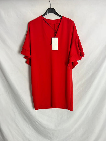 ZARA. vestido rojo corto manga volante. T L