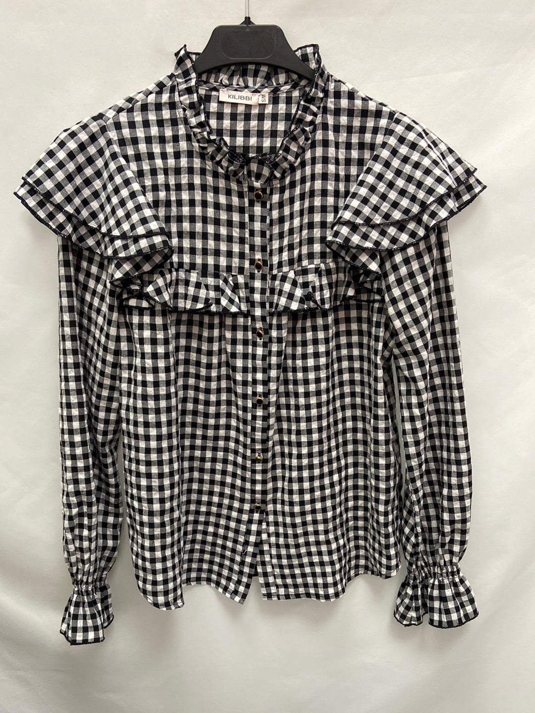 KILIBBI.Blusa cuadros volantes T.S/M