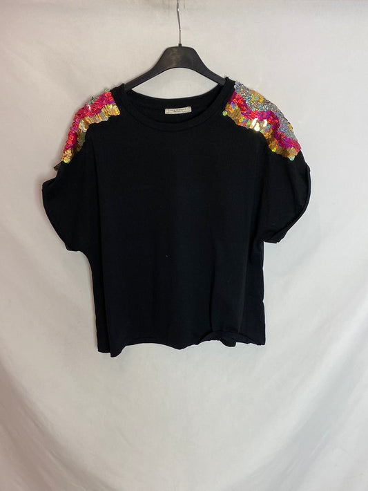 ZARA. Camiseta negra lentejuelas T.m