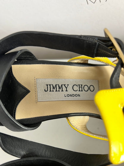 JIMMY CHOO. Sandalias plataforma tricolor texturas. T 36,5