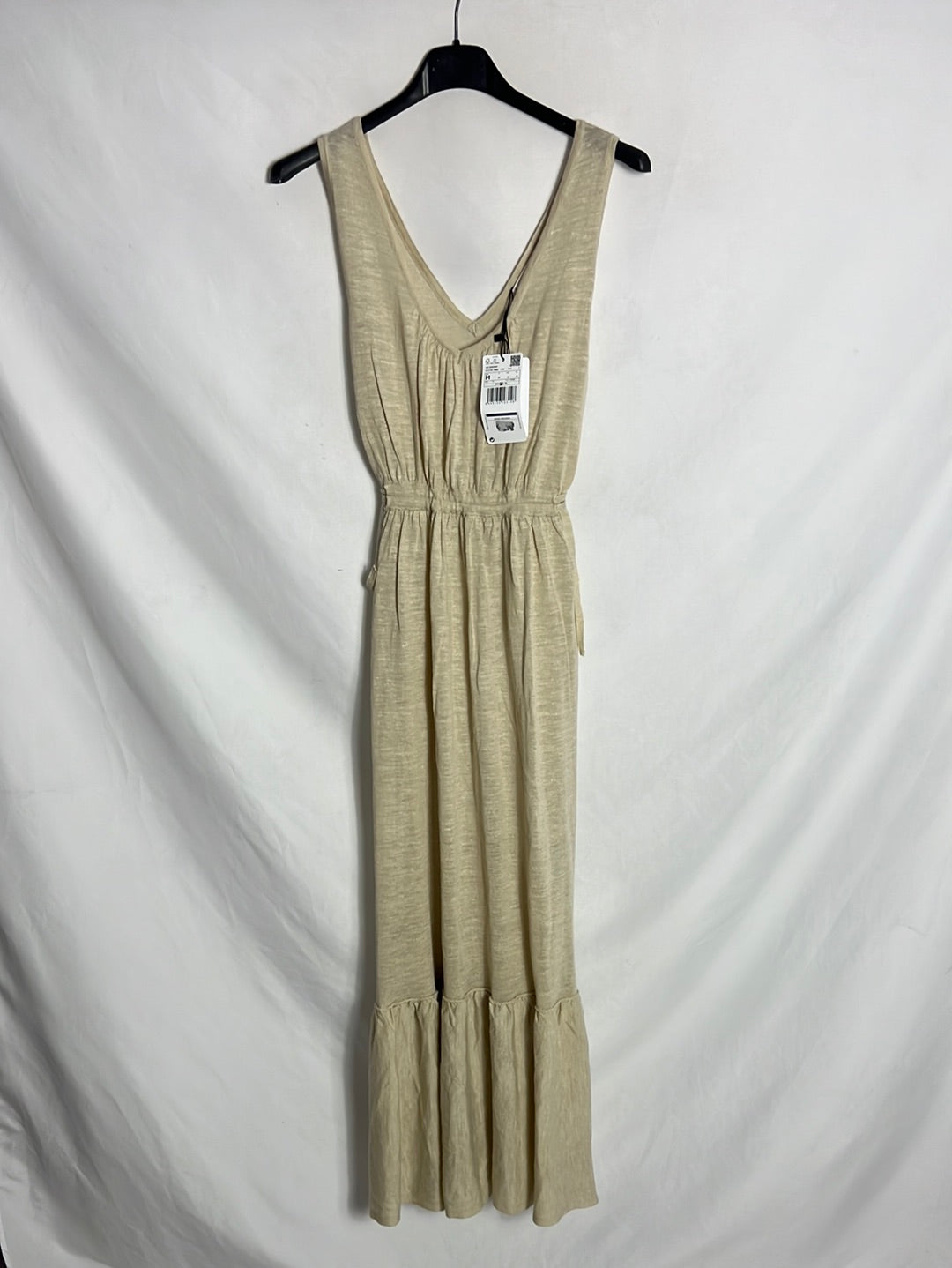 MANGO. Vestido midi beige volante. T M